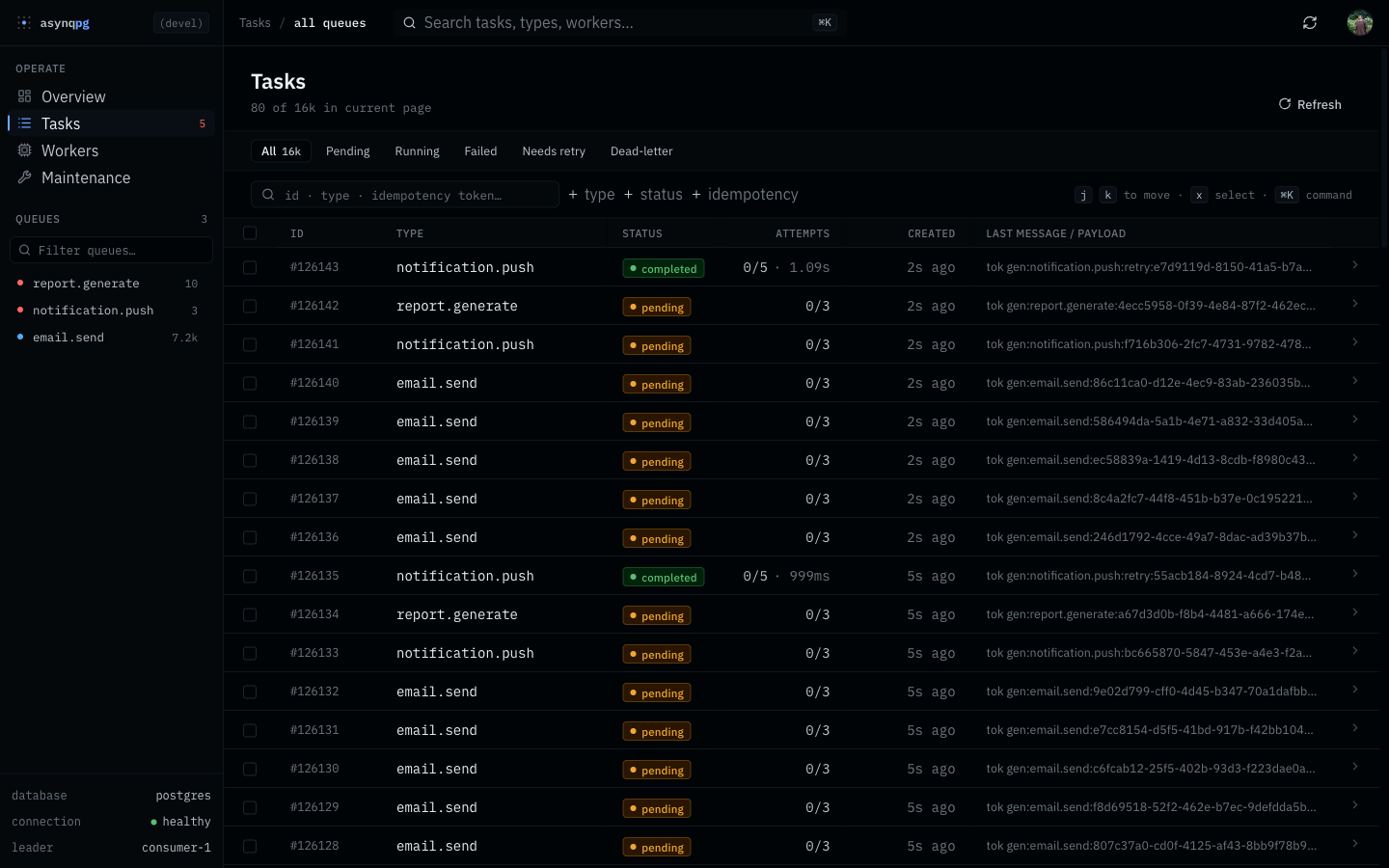 asynqpg Tasks list page with saved views, filter pills, search bar and a table of recent tasks.